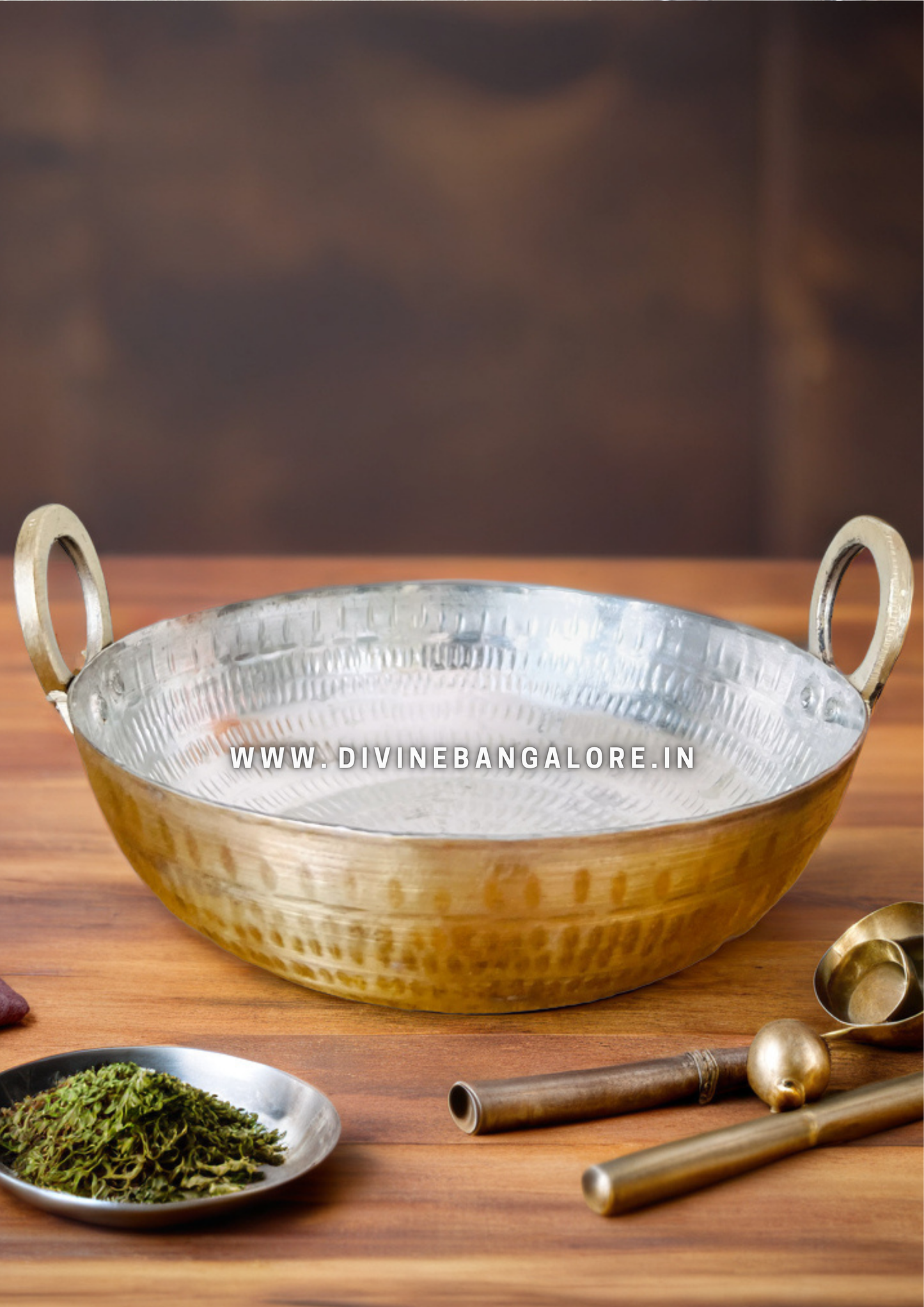 Flat Base Hammered Brass Kadhai - Tin(Kalai) Coated