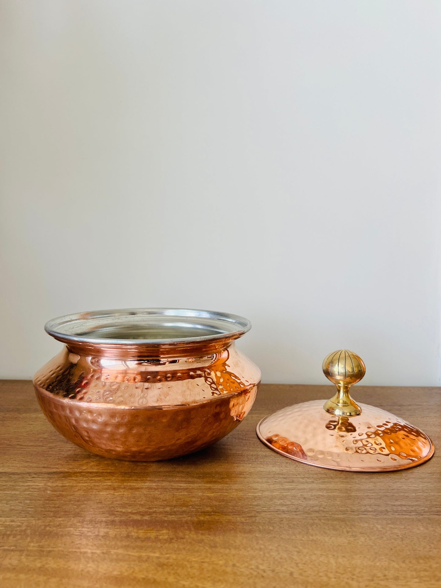 Hammered Copper Handi with Lid- Tin(Kalai) Coated