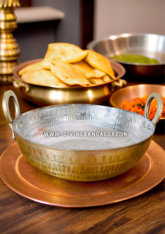 Flat Base Hammered Brass Kadhai - Tin(Kalai) Coated