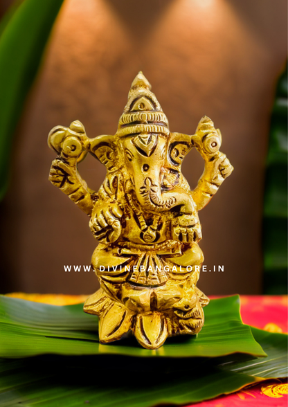 Handcrafted Antique Brass Ganapati Seated on Lotus