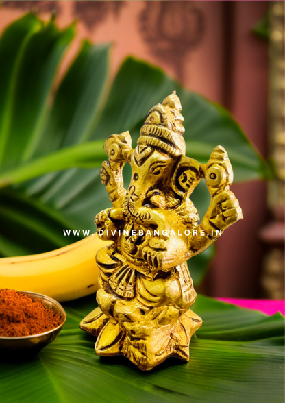 Handcrafted Antique Brass Ganapati Seated on Lotus