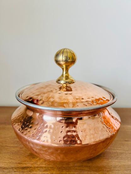 Hammered Copper Handi with Lid- Tin(Kalai) Coated