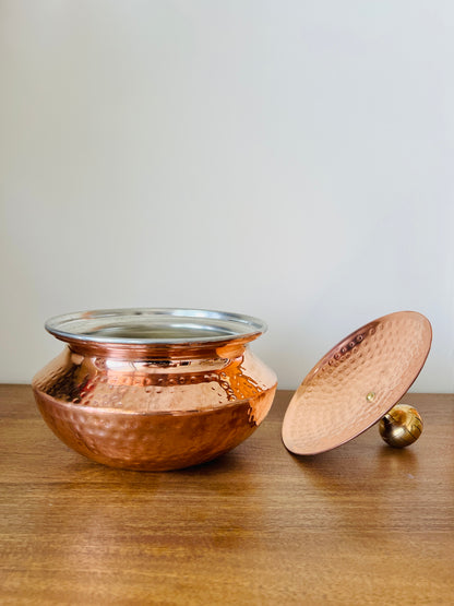 Hammered Copper Handi with Lid- Tin(Kalai) Coated